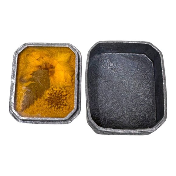 Vintage Floral Etched 2" Trinket Jewelry Ring Box Pressed Dried Flower Design - Picture 9 of 10